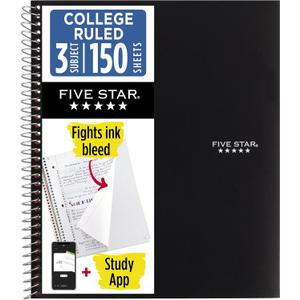 Five Star Spiral Notebook + Study App, 3 Subject, College Ruled Paper, Fights Ink Bleed, Water Resistant Cover, 8-1/2" x 11", 150 Sheets, Black (72069)