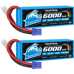 Yowoo 2 Pack 4S Lipo Battery 6000mAh 14.8V 150C Graphene Battery with EC5 Plug Connector Compatible with RC Plane Quadcopter Airplane Helicopter Tracxas X-Mass Car Truck Boat