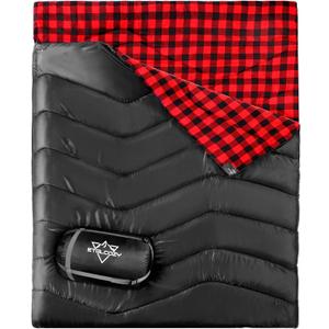 2 Person Double Sleeping Bag for Adults-XL Queen Size Lightweight Compact Thermolock Draft Tube Flannel Liner Machine Washable All Season Camping Traveling Guests & More (Black/Red)