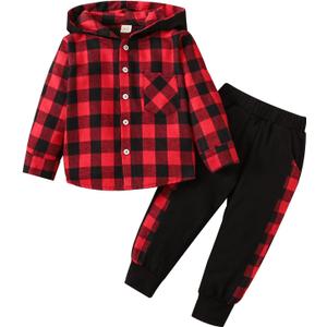 Toddler Boy Clothes Fall Winter Outfits Plaid Pocket Hoodie Sweatshirt + Long Sleeve Pants Set 12 Months-6 Years Old (18-24 Months, Red)