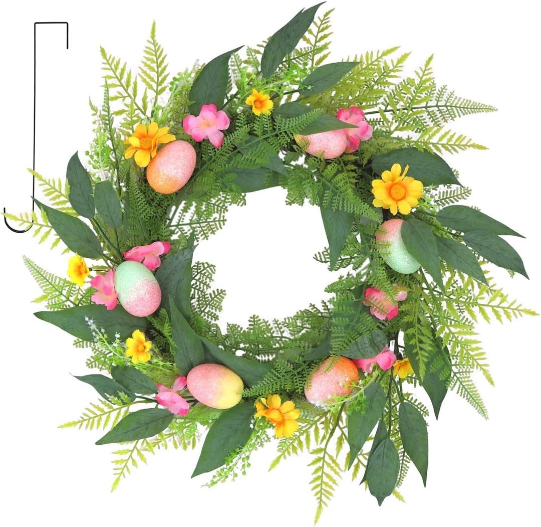 22 Inchs Spring Easter Wreath, Farmhouse Artificial Spring Wreath, Decor with Colorful Easter Eggs, Yellow and Pink Flowers & Green Eucalyptus Leaves, for Door Wall Window Fences (01 Light Green - Elegant)