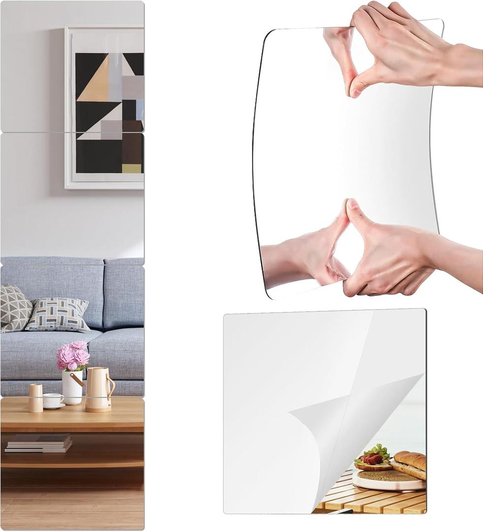 Wall Mirror Tiles 12x12 inch 4 Pack, Self Adhesive Plastic Mirrors for Wall Decor, Easy Install Stick-On Full Body Mirror Squares