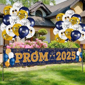 Prom Send Off Decorations 2025 Banner, Blue and Gold Prom Decorations 2025 Yard Sign Banner with Balloons for Home, 9.8 X 1.6 ft