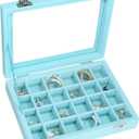 Velvet Jewelry Box 24 Grid Jewelry Ring Display Organiser Box Tray Holder Earrings Storage Case for Girls Wife Mom Women (Light Blue)