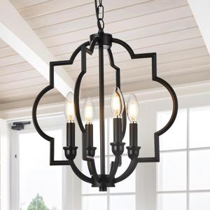 4-Light Black Farmhouse Chandelier, 15.6" Rustic Geometric Pendant Light Fixtures, Adjustable Height Metal Industrial Hanging Light for Kitchen Island Dining Room Hallway Foyer Entryway