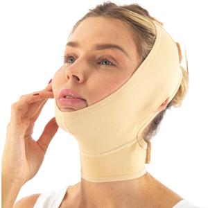 Post Surgery Neck and Chin Compression Garment Wrap Bandage, Face Slimmer, Jowl Tightening, Neck Coverage, Chin Lifting Strap (Beige, L)