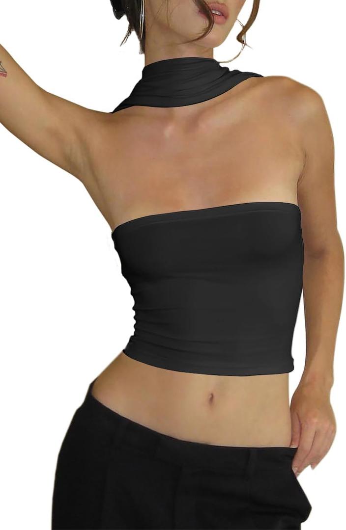 Women's Sexy Halter Tube Tank Crop Tops Strapless Slim Fitted Y2k Bandeau Top Off Shoulder Basic Cami Shirts (Large, Black)