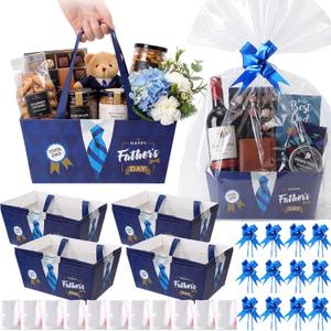 Moinchore 12 Pcs Happy Father's Day Basket for Gifts Empty 9.8 x 6.5'' Blue White Market Tray Cardboard Basket with Bows, Cellophane Bags, Twist Tiles, Empty to Fill for Holiday Birthday Wedding Party