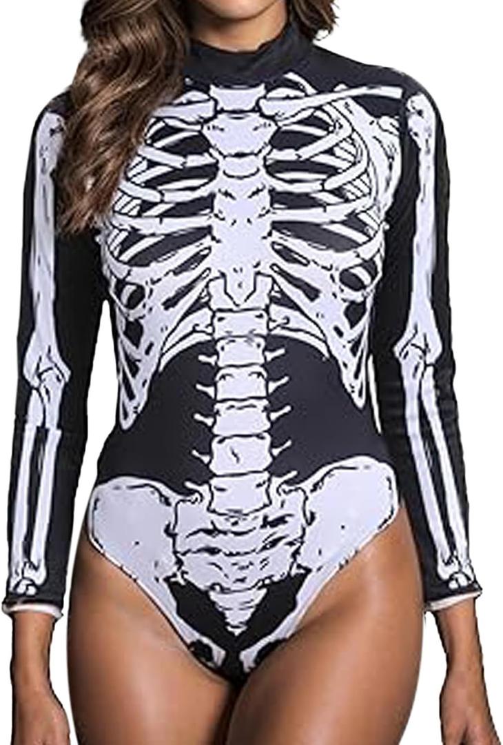 Womens Halloween Skeleton Bodysuit Festival Rave Outfits Cosplay Long Sleeve Body Suit (X-Large)