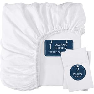 LANE LINEN 100% Organic Cotton Fitted Sheet Queen, 15" Deep Pocket Snug Fit Fully Elasticized Naturally Temperature Regulating Soft & Comfy Deep Pocket Queen Fitted Sheet -White (+Pillowcases) (Queen (3PC))