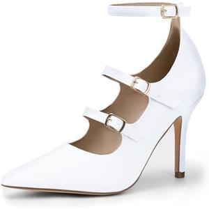 IDIFU IN4 Women's Pumps High Heels Dress Shoes for Women Closed Toe Strappy Heels Wedding Comfortable Dressy Formal Stiletto Ankle Strap Pointed Toe Three Strap Heels Pump Shoes, Size 6