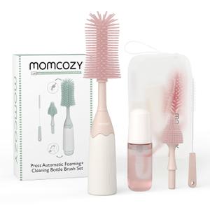 Momcozy Bottle Brush Kit, Innovative Push-Press Design for Better Cleaning - Baby Bottle Cleaner Brush for Baby Bottle, Breast Pumps, Nipples, and More - Can Generate Foam for Better Cleaning, Pink