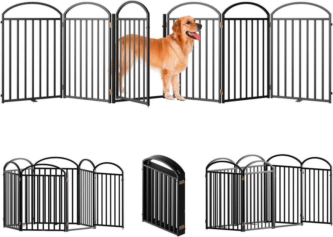 6 Panels Full Matel Freestanding Dog Gates with Door, 144"Extra Wide 32"Tall Free Standing Dog Pet Gate for Indoor & Outdoor. Foldable Pet Fences for Doorways, House, Stairs, Porch, Deck, Yard (Black)