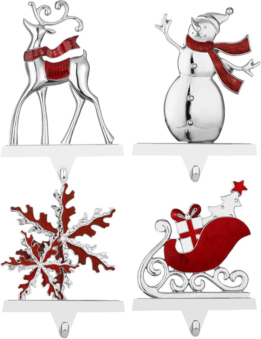 Set of 4 Christmas Stocking Holder for Mantel - Deer Sleigh Snowman Snowflake Christmas Stocking Holders for Fireplace- Stocking Hanger for Mantel Stocking Hooks for Christmas Decoration (Silver)