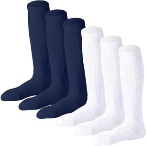 Mini angel Knee High Socks for Girls Seamless Knee Socks Cable Knit Uniform Socks Cotton Long Socks Kids Dress Socks 3 Pack (5-7 Years, Navy+white, 6 Pairs)