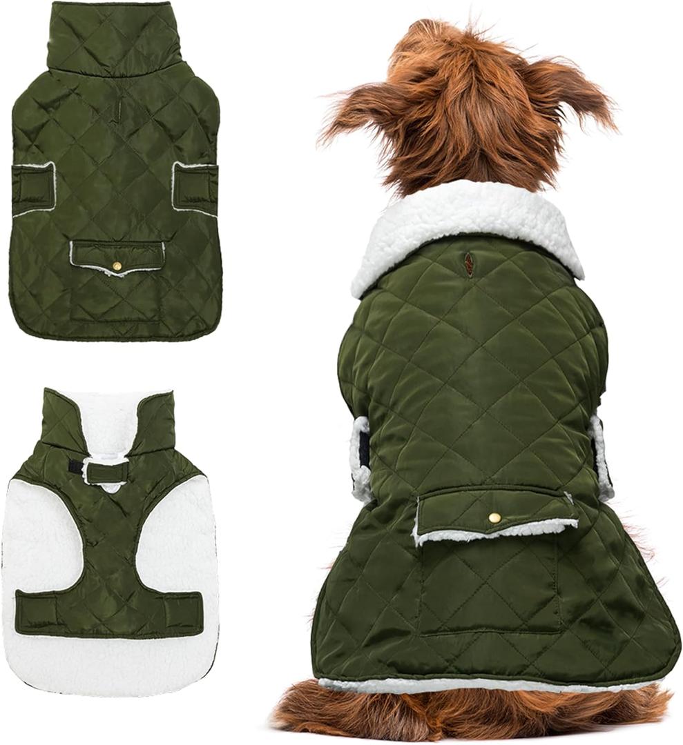 Dog Winter Coat - Windproof Fleece Warm Thick Dog Jacket Clothes for Snow Rainy Cold Weather - Green Pet Vest Coat Outfits for Small Medium Large Dogs - Indoor & Outdoor Use (S-XXL)