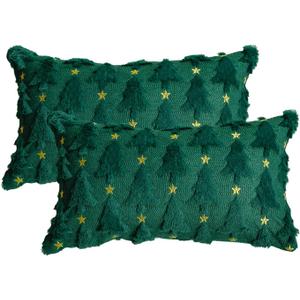 AVOIN colorlife Christmas Tree Star Green Throw Pillow Cover Set of 2, 12 x 20 Inch Soft Plush Faux Fur Jacquard Cushion Case Festivals Winter Decoration for Sofa Couch