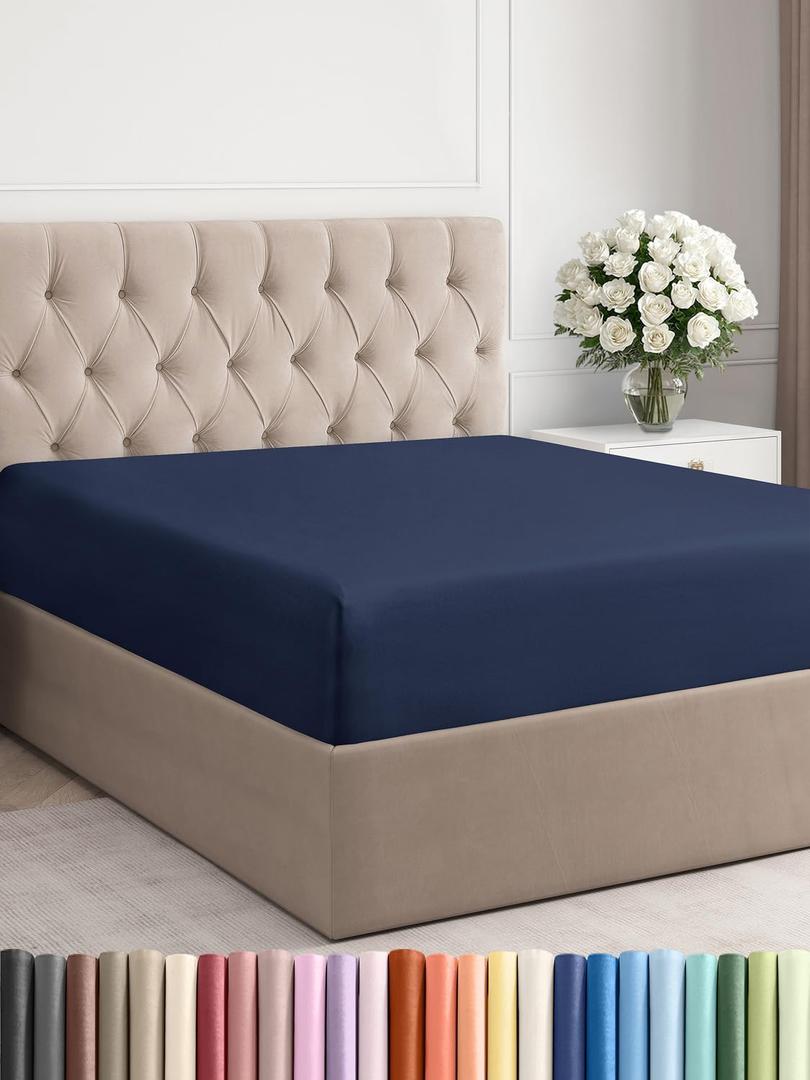 Full Fitted Bed Sheet - Bottom Single Fitted Sheet Only - Ultra-Soft Hotel Luxury Bedding w/ 8-16 Inch Deep Pockets - Breathable, Cooling & Wrinkle Free - Easy-Fit, Fade & Shrink Resistant - Navy Blue Full Fitted Bed Sheet - Bottom Single Fitted Sheet Only - Ultra-Soft Hotel Luxury Bedding w/ 8-16 Inch Deep Pockets - Breathable, Cooling & Wrinkle Free - Easy-Fit, Fade & Shrink Resistant - Navy Blue