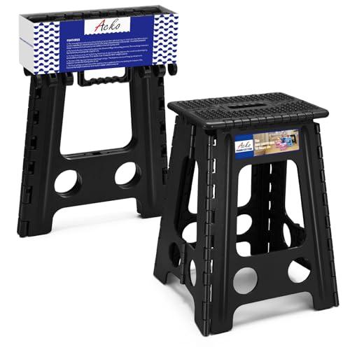 ACKO Folding Step Stool Foldable 17.5 Inch Stools for Adults and Kids,Plastic Stools Tall 400 lbs Capacity, Collapsible Stool for Kitchen, Stepping Foot Stool with Handle, Dot Black,1 PC