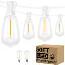 Brightever 50FT Outdoor String Lights Weatherproof, Patio Lights with 25+2 ST38 Edison Shatterproof Bulbs, Commercial Grade Warm White LED String Lights Decorative for Christmas, Wedding, Party, White (50FT-Warm White, White Wire)