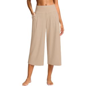 SANTINY Capri Pants for Women Wide Leg Yoga Casual Cropped Pants with Pockets Loose Tummy Control High Waist Capris