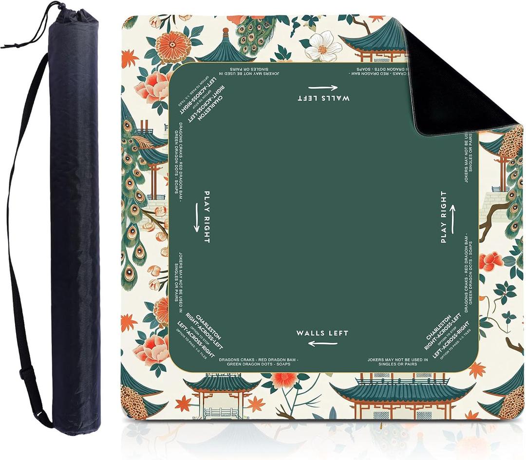Foilswirl 1 Pcs Mahjong Table Mat Floral Peacock, 33" x 33" Green Chinoiserie Peacock Mahjong Mat Non-Slip Noise Reduction Carrying Bag for Poker Board Card Games Dominoes, Ships Rolled(Elegant)