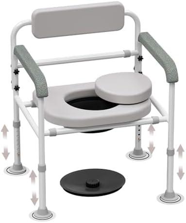 Adjustable Medical Bedside Commode Chair with Padded Backrest, Height Adjustable, Drop Arm Support (Improved Toilet Chair)