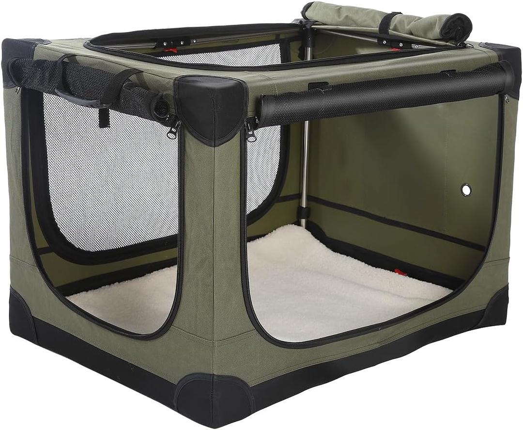 42 x 31 x 31 Inch Collapsible Soft Dog Crate for Dogs Up to 90 lbs, Portable Travel Pet Kennel with 4 Zip Doors, Foldable Indoor Outdoor Crate with Mat, Carry Bag, Green