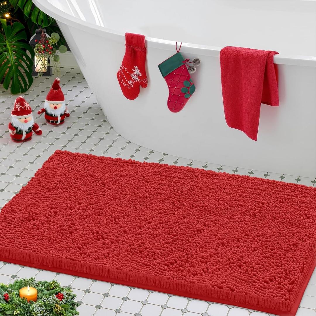LuxUrux Red Bathroom Rugs  Soft Christmas 30x17 Bath Mat, NonSlip, Absorbent, Machine Washable, Plush Bathroom Floor Rug for Holiday Dcor & Everyday Luxury