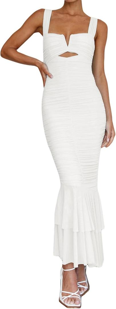 houstil Women's Strap Wedding Guest Dress Wrinkles Mesh Bodycon Party Maxi Cocktail Cut Out Clubwear Summer (White, M)