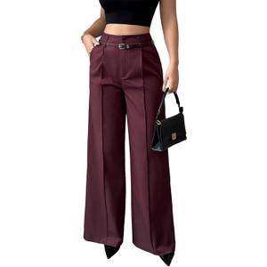 LETSVDO Women's Straight Leg Dress Pants High Waisted Belted Pleated Wide Leg Slacks Trousers(for Work,Business,Office) (Purple, XXXL)