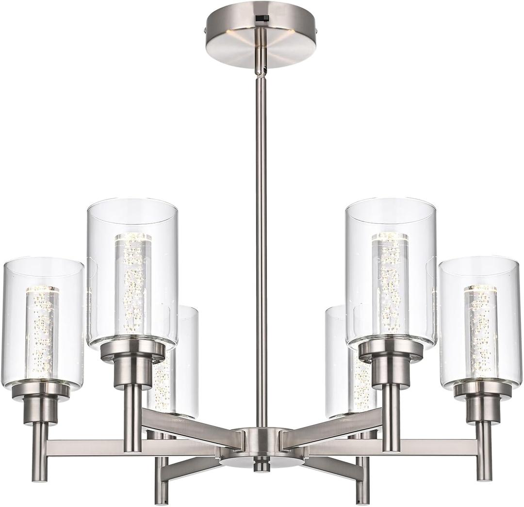 6 Ceiling Light Industrial Chandelier Brush Nickel Pendant Lighting Hanging Fixture with Cylinder Clear Glass for Kitchen Bedroom Dining Room