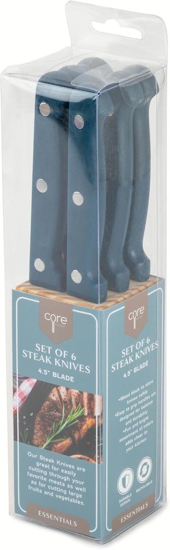 Core Kitchen Set of 6 Colorful Kitchen Steak Knives - 4.5" Blade - Sapphire