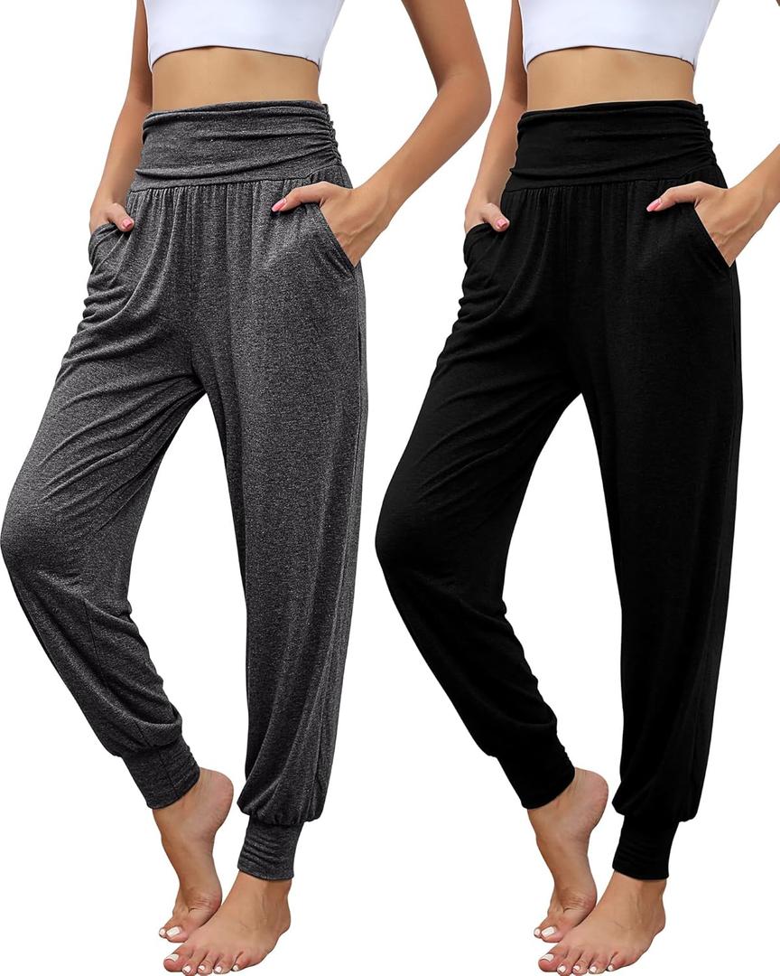 2 Pack Women's Yoga Joggers, Cozy Sweatpants with Pockets Casual Loose Comfy High Waisted Lounge Pants (XX-Large, Black, Dark Gray)