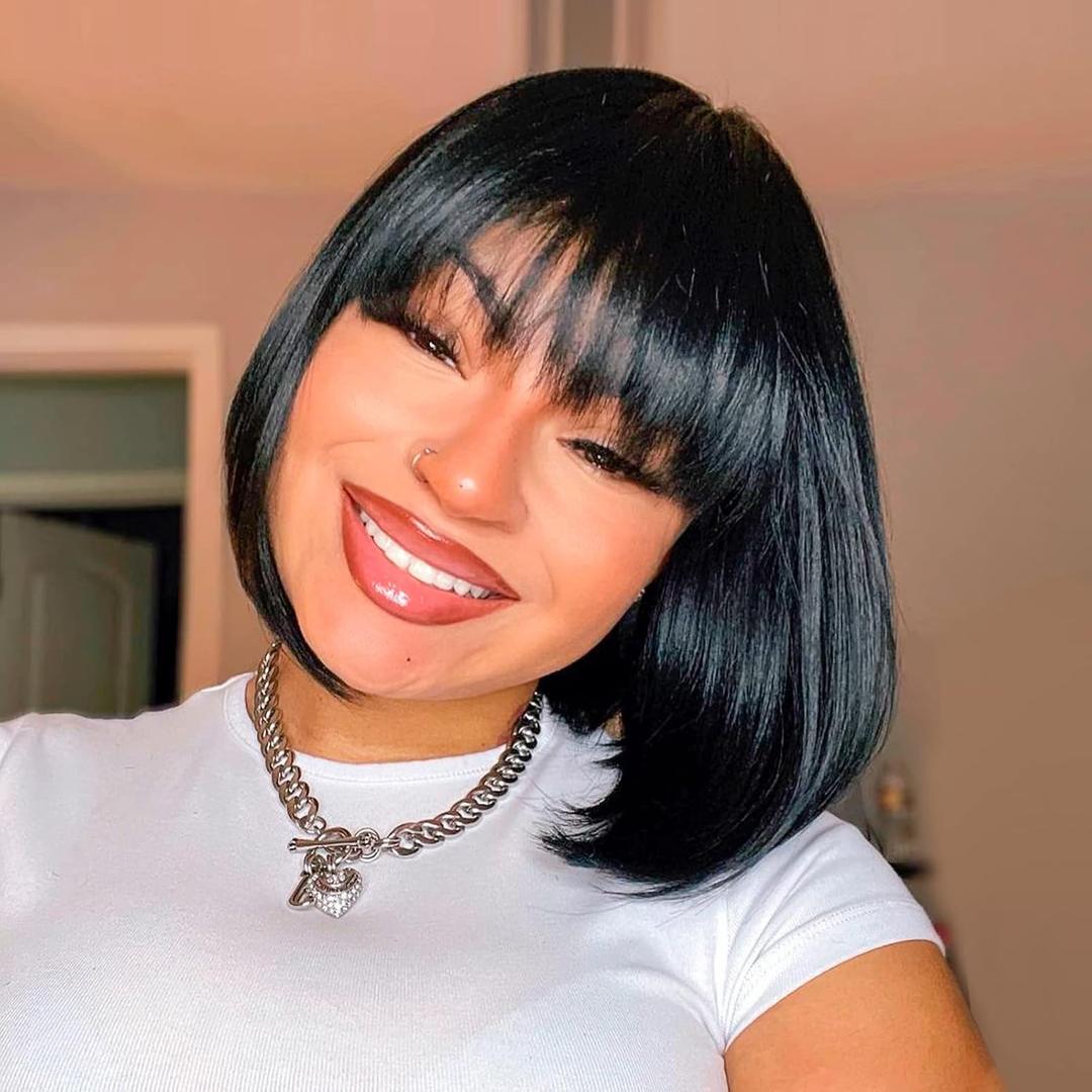 ToyoTress Short Bob Wigs With Bangs - 12 Inch Jet Black Yaki Straight Hair Daily Costume Wig For Black Women, Soft Light Synthetic Hair Replacement Wigs Heat Resistant (12 Inch, #1-612H)