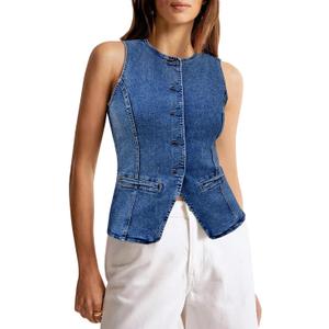 Tankaneo Womens Button Down Denim Vest Tops Sleeveless Fitted Jean Tank Tops Summer Trendy Casual Waistcoat (Medium, Navy)