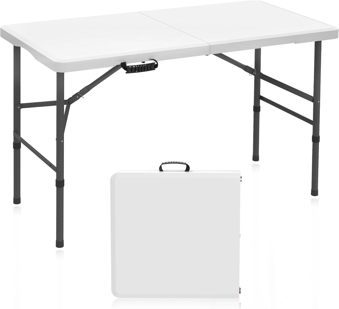 Folding Table Portable Folding Tables Heavy Duty 400 lbs Capacity, Wood Grain Tabletop for Working Meeting Parties, Picnic, Camping, Weddings, Garden Dining (4FT-White)