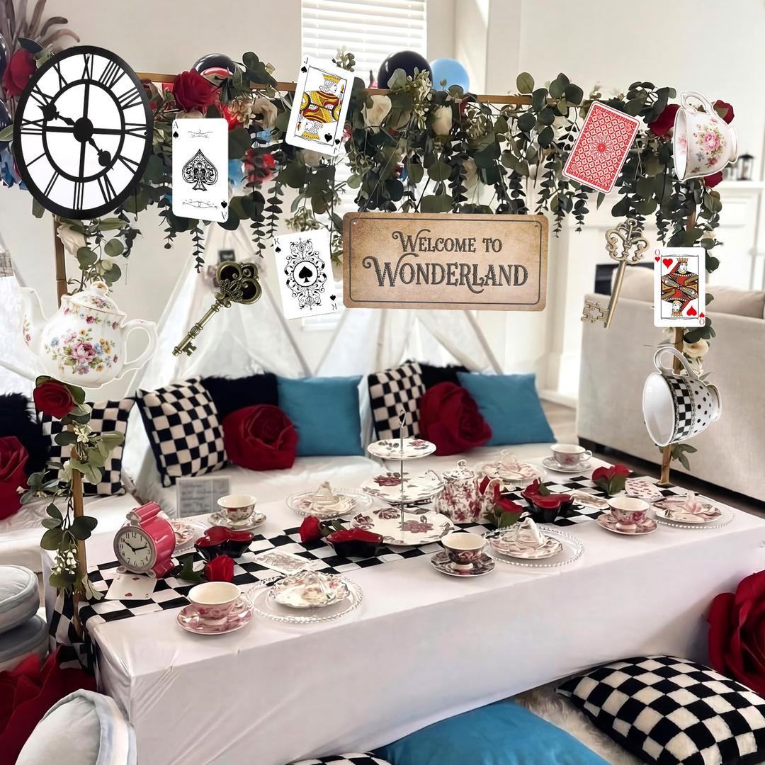 Yinkin 14 Set Wonderland Tea Party Decoration Wonderland Theme Photo Backdrop Party Ornament Clock Hanging Banner Poker Cards Door Banner Teapot Garland for Birthday Supplies