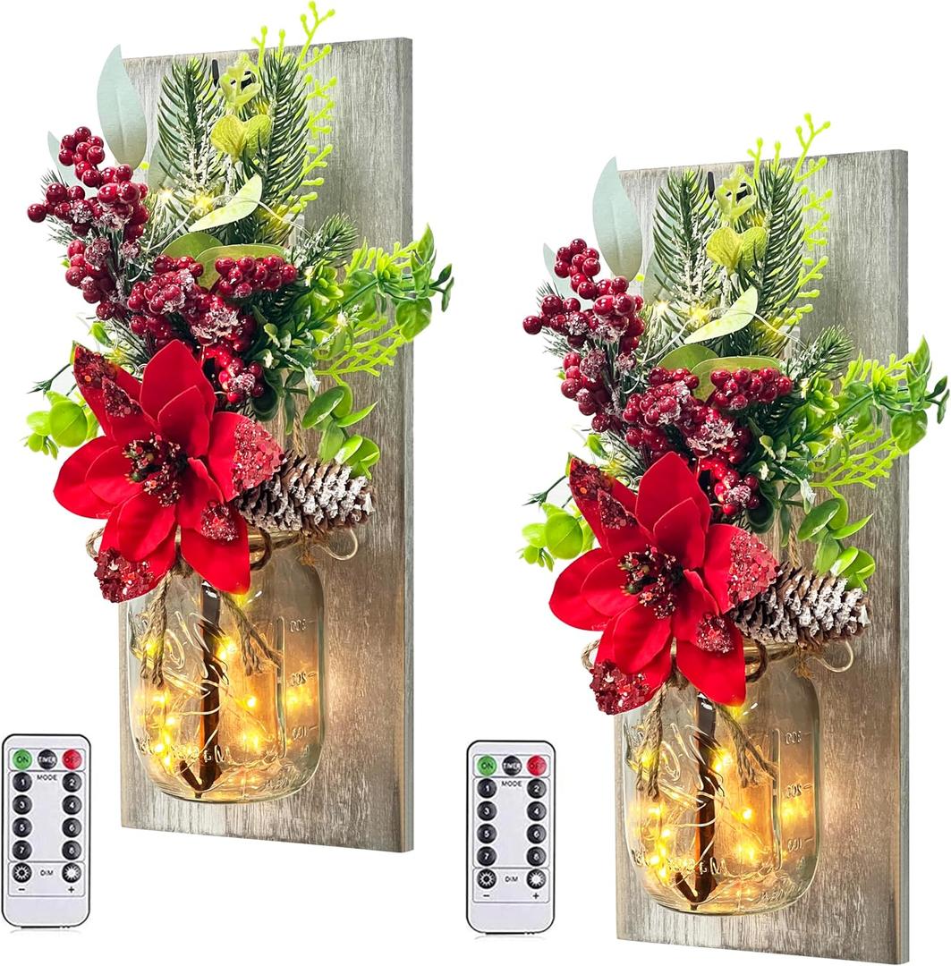 Mason Jars Sconce Decor Rustic Wall Sconces Handmade Wall Art Hanging Design with Remote Control LED Fairy Lights and Red Berry, Xmas Farmhouse Wall Home Decor Living Room Lights Set of Two (Rose+Dark Grey Board)