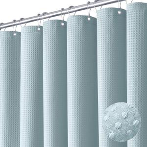 Dynamene Fog Blue Fabric Shower Curtain for Bathroom- Waffle Weave Textured Heavy Duty Cloth , 256GSM Hotel Luxury Weighted Bath Curtain Set with 12 Plastic Hooks,72x72, Fog Blue (72"W x 72"L (Pack of 1))