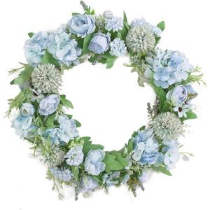 15.7 Inch Artificial Light Blue Hydrangea and Peony Floral Spring Wreath Silk Peony Wreath with Green Leaves Welcome Front Door Wreath for Wedding Wall Home Decor