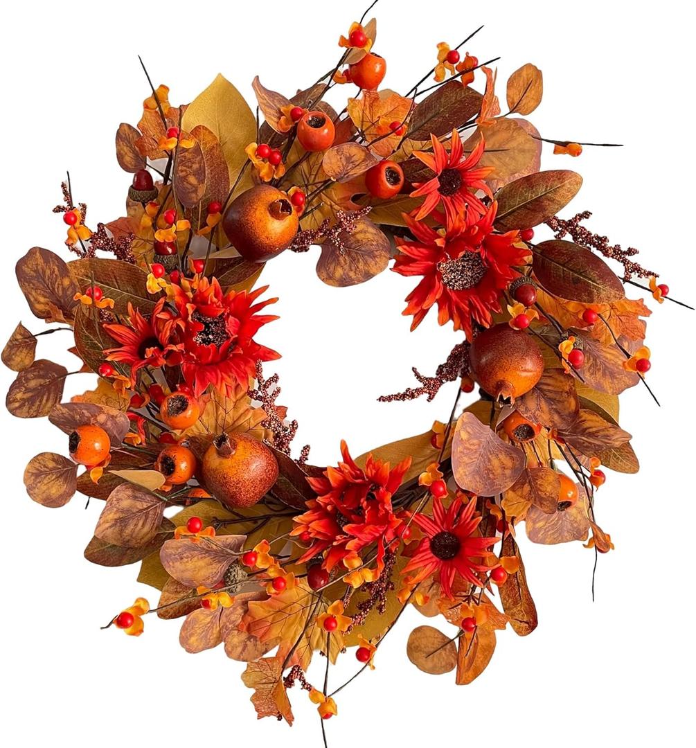 18" Fall Wreaths for Front Door with Maple Eucalyptus Leaves Daisy, Fall Door Wreath Autumn Wreath for Thanksgiving Halloween Outdoor Indoor Farmhouse Party Holiday Porch Wall Window Home Decoration (Berry)