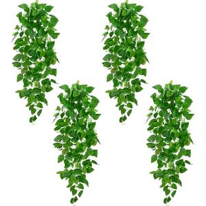 BLEUM CADE 4Pcs Fake Hanging Plants, 9 Branch Artificial Hanging Plant, Lush Faux Pothos Vines for Home Room Wall Shelf Porch Outdoor Indoor Decor  And Butterfly (No Baskets)