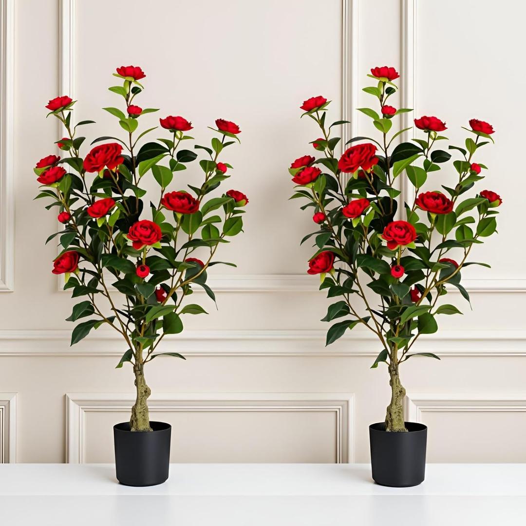 Artificial Camellia Tree 2 Pack, 3FT Faux Camellia Plant in Pot, 36 inch Fake Potted Camellia Flower Tree Plastic Camellia Tree for Modern Home Office Living Room Floor Decor Indoor, Red