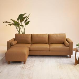 Vesgantti 100" Faux Leather Couch with Movable Ottoman, 3 Seater L Shaped PU Leather Sofa with Side Pocket, Comfy Mid Century Modern Modular Sectional Couch for Living Room, Apartment, Camel