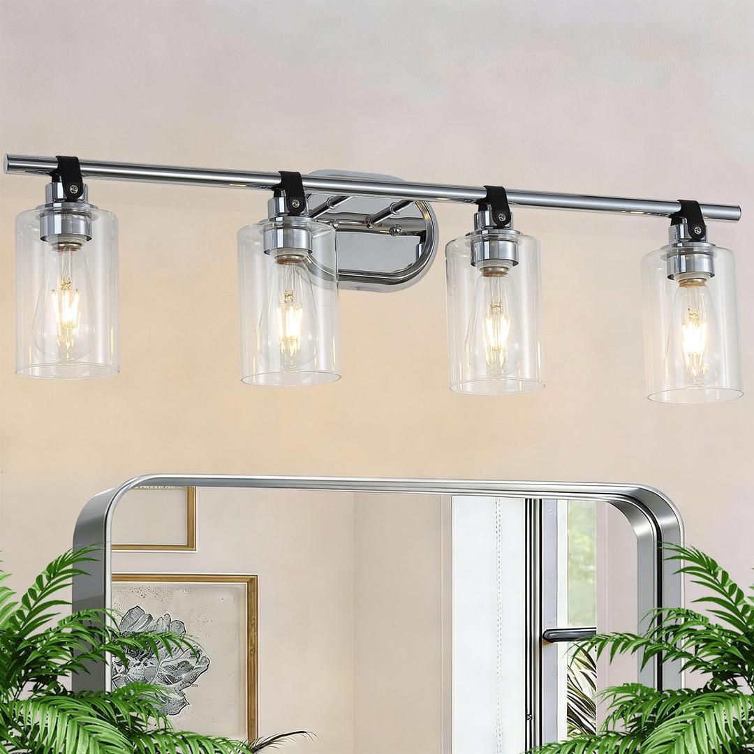 4-Light Bathroom Light Fixtures, Chrome Bathroom Vanity Lights with Clear Glass Shade, Modern Wall Light Sconce for Mirror Farmhouse Rustic Restroom Kitchen Living Room Hallway