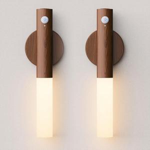 Battery Operated Motion Sensor Night Lights, 2200mAh rechargeable Wall Lights Portable Hallway Light Wooden Wall for bedroom Stair picture, 
(Walnut Wood 2PCS)