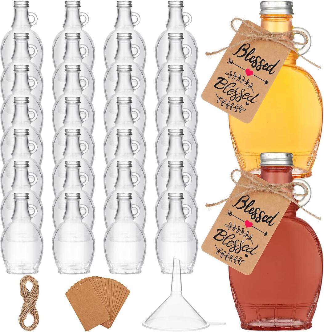 30 Pcs 5.07 oz Glass Syrup Bottles with 30 Tags, 1 Rope, and 4 Funnels Set, Clear Glass Bottles with Aluminum Lids and Loop Handle, Maple Syrup Jars Storage for DIY Whiskey Sauce Vanilla Gifts