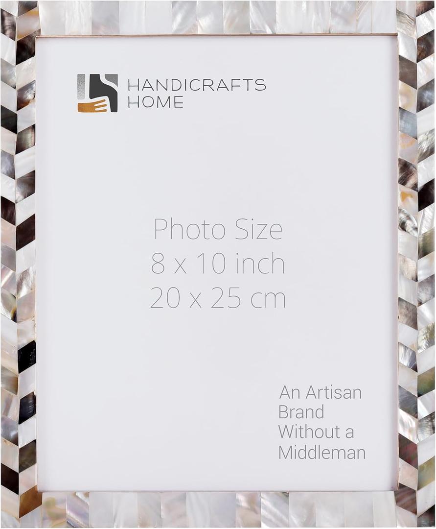 Handicrafts Home 8x10 Picture Frame, Wall & Tabletop Dcor, Handmade Pearlescent Barley Pattern, Vintage & Elegant Mother of Pearl Picture Frames for Living Room, Office & Home Decor  White & Black