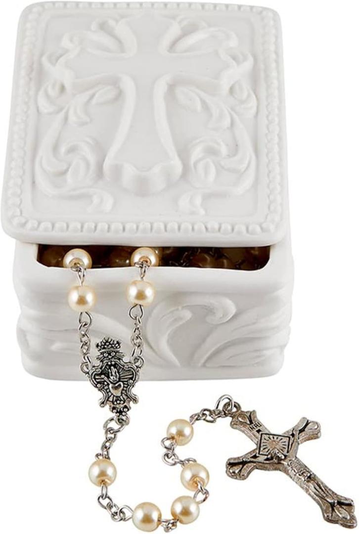 Autom White Porcelain Cross Rosary Jewelry Box (Rectangle)